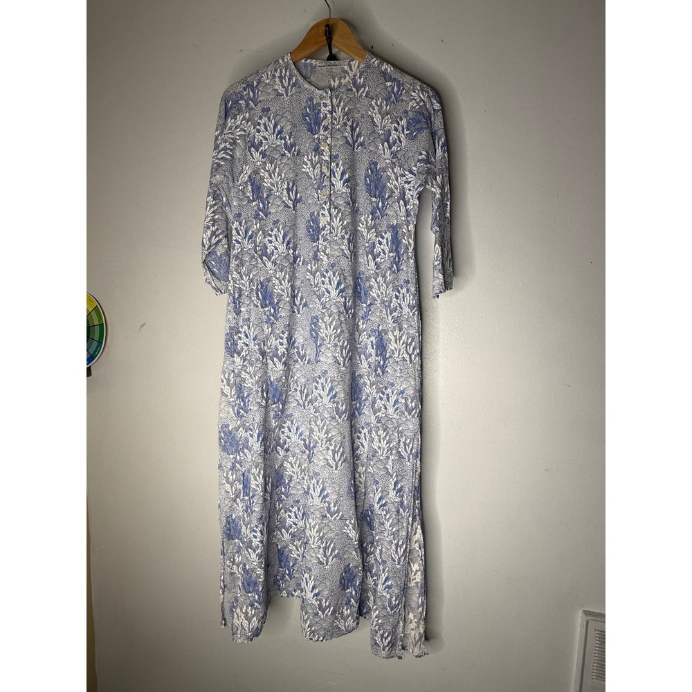 Roller Rabbit Blue White Floral Coral Block Print Cotton Midi Dress Small